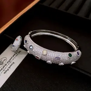 Stackable Zircon Bangle & Ring Set, Versatile Matching Jewelry.colorful zircon, silver plated, adjustable open ring, wedding party gift, tarnish resistant