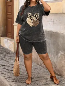 Spring & Summer Plus Size Sports Two-Piece Set with Patchwork Print, Tie-Dye Washed Vintage Short Sleeve T-Shirt and Shorts, Plus Size Women's Jogging Outfit