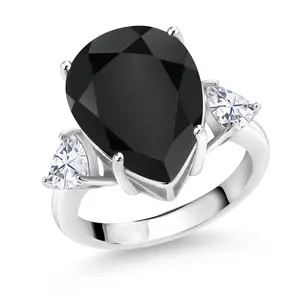 8.31 Cttw Pear Shape Black Onyx and White Moissanite 3 Stone Ring For Women | 925 Silver | Gemstone Birthstone | Three Stone Wedding Engagement Anniversary Ring For Women