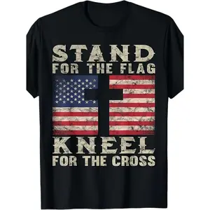 MENChristian Patriotic "Stand For The Flag Kneel For The Cross" T-Shirt - Distressed American Flag & Cross Design,