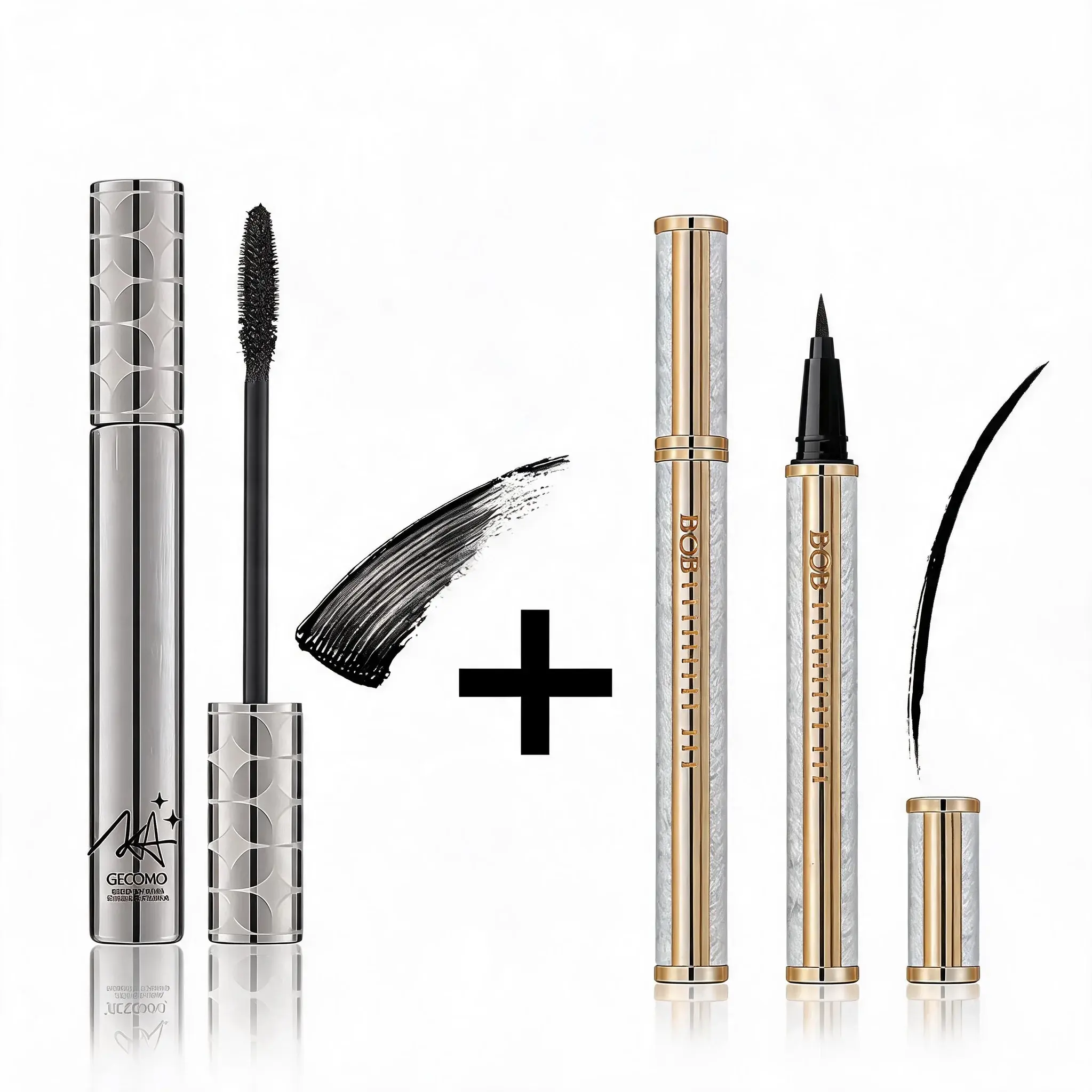Gecomo 2-Piece Eye Makeup Kit for Beginners - Volumizing Curling Mascara with Olive-Shaped Brush, BOB Smudge-Proof Waterproof Long-Wear Precision Liquid Eyeliner Pen for Daily Cosmetics