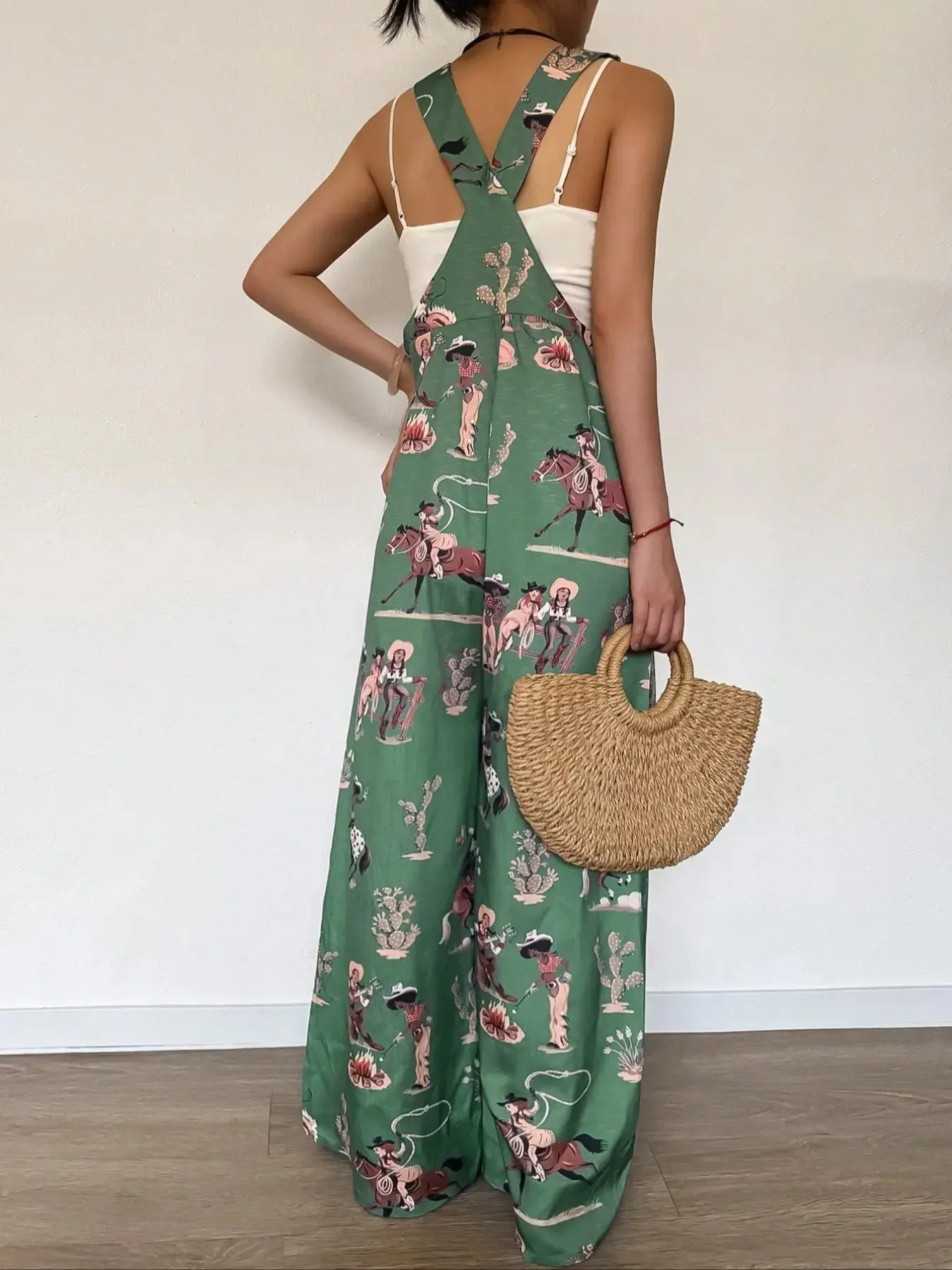 Women's Springsummer Casual Loose Resort Bohemian Boho Style Vintage Western Clashing Random Print Overalls Jumpsuit, Faux Linen Fabric for Travel & Vacation, Loose Jumpsuits, Womenswear