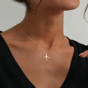 14K Gold Hypoallergenic Airplane Motif Single Pendant Figaro Chain Necklace - 50cm Adjustable Light Luxury Clavicle Jewelry, Religious Cross Design, Holiday Gift for Girls cuban link