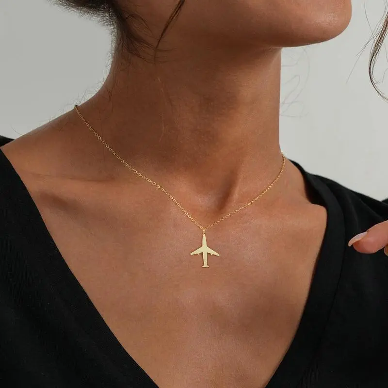 14K Gold Hypoallergenic Airplane Motif Single Pendant Figaro Chain Necklace - 50cm Adjustable Light Luxury Clavicle Jewelry, Religious Cross Design, Holiday Gift for Girls cuban link