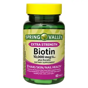 Spring Valley Extra Strength Biotin Plus Keratin Dietary Supplement 10,000 mcg 60 Count - Supports Skin and Hair Health Fitness Healthcare