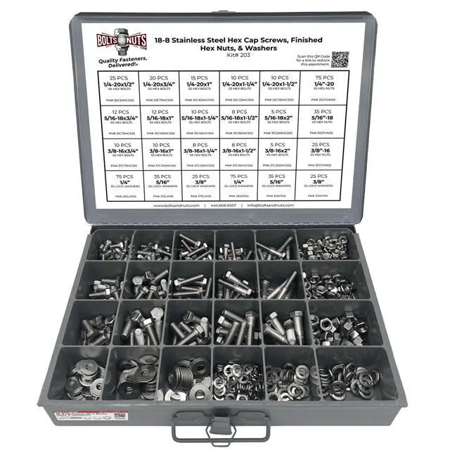Inch 18-8 Stainless Hex Cap Screws, Hex Nuts, Flat & Lock Washers - 574 PCS