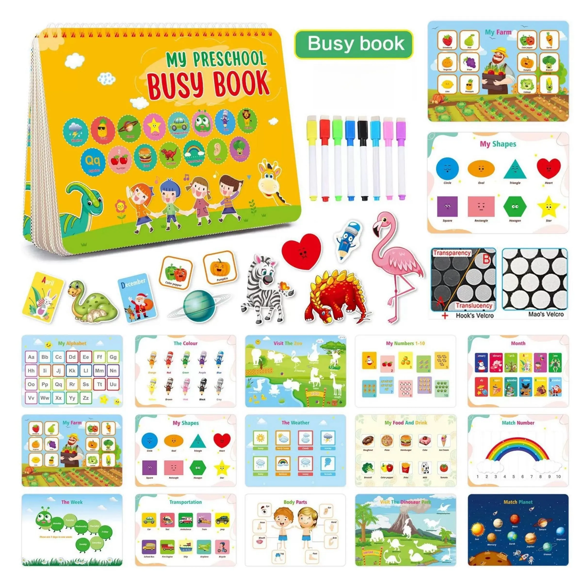 Preschool Learning Activities for 2-6 Years, 1 Set Preschool Learning Kit Busy Book Gift Set Learning Materials, School Supplies with 15 Themes and Reusable Stickers, Interactive Puzzle for Boys and Girls