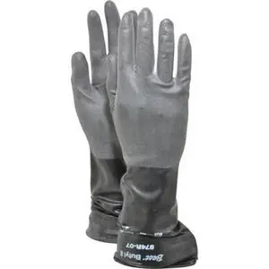 SHOWA Size S (7), 14" Long, 14 mil, Unsupported, Butyl Chemical Resistant Gloves Textured Finish, Unlined, Rolled Cuff, ANSI Cut Level 0, Puncture Level 0, Abrasion Level 0, Black 874R-07