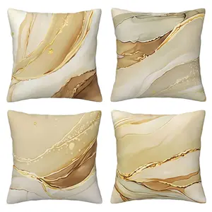 Brown gold marble texture pillow cover modern abstract art decoration pillow cover suitable for sofa, bed home decoration, 4-piece set double-sided printing Home Textile