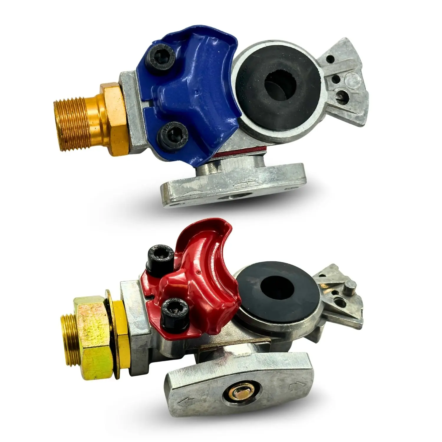 TORQUE Aluminum Gladhand Set (Blue + Red) - 3/8" Air Brake Coupling with Universal Valve, Shut-Off Ports, Polyurethane Seals, Rubber Seal, Color-Coded Plates, Direct OEM Replacement for Trucks/RVs (TR035094 + TR035095)