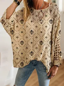 Women's Geometric Pattern Diamond Print Long Sleeve Knit Hollow Out Top, Casual Elegant Vacation Style Sweater, Valentine's Day Knitwear