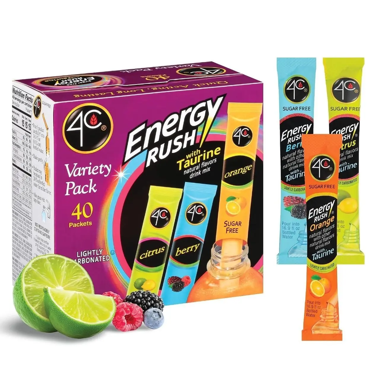 4C Energy Rush Stix, Variety 1 Pack, 40 Count, Single Serve Water Flavoring Packets, Sugar Free with Taurine, On the Go Bundle (20 Berry, 10 Orange, 10 Citrus)