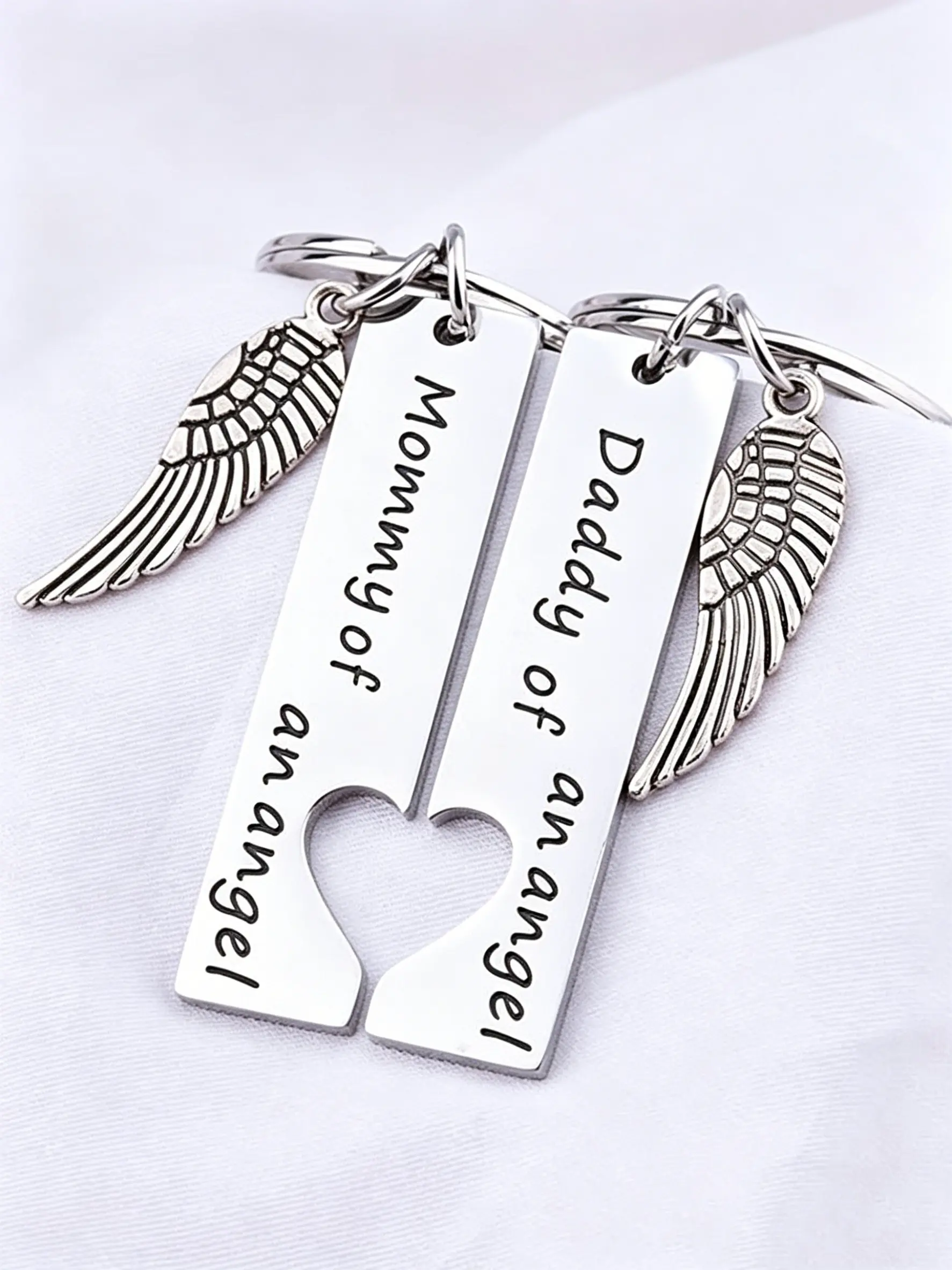 Miscarriage Comfort Gift for Couples, "Mommy & Daddy of an Angel" Stainless Steel Keychain Set with Unique Design, Pregnancy Loss Remembrance Keepsake, Sympathy Present for Grieving Parents, Angel Wing Memorial Jewelry for Baby Loss, Key Accessories