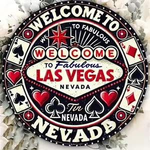 Vintage Las Vegas Nevada Metal Wall Decor, Retro Poker Round Decoration with Cards & Dice, Home Bar Cafe Art, Perfect for Poker Parties, Vintage Metal Sign