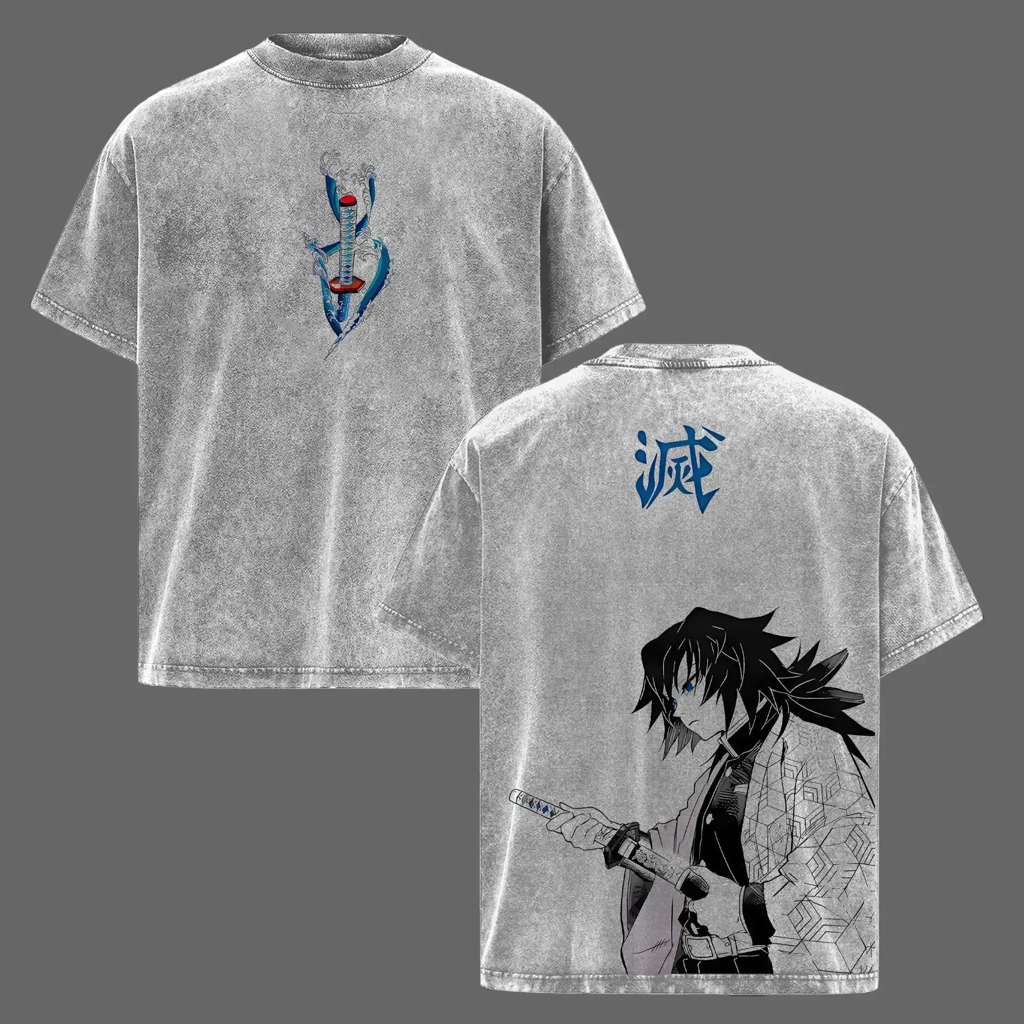 Water Hashira Giyu Tomioka Washed Vintage Graphic Tee, Demon Slayer Oversized Heavy Cotton Unisex Shirt, Anime Core Streetwear Outfit for Otaku Fans, Anime Lover,Oversized Anime Tee