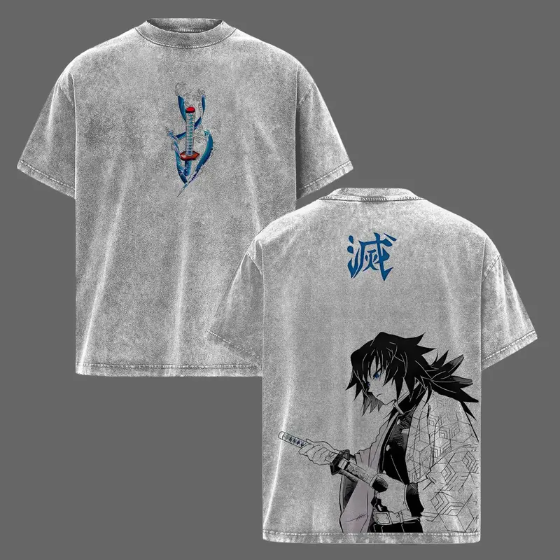 Men's Oversized Retro Water Hashira Giyu Tomioka Demon Slayer Cartoon Print T-Shirt - Pure Cotton Washed Vintage Anime Streetwear Short-Sleeve Unisex Top for Otaku Fans, Guys Gifts