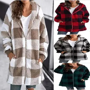Women's Plaid Fleece Long Sleeve Hooded Coat, Casual Style, Moderate Fabric Thickness, All Seasons Wear, Comfortable FitGIFT7