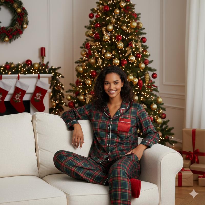 GREEN PLAID SILKY PAJAMA SET