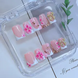 Y2K Style 3D flowers collection Fake Nails, Handmade 3D Flower & Hand Drawn Design And Sparkling Rhinestone & Bow Decor Duckbill Shaped Press On Nails, 10pcs/set Glossy False Duck Press On Nails, For Women & Girls DlY Nail Art. Nail Supplies