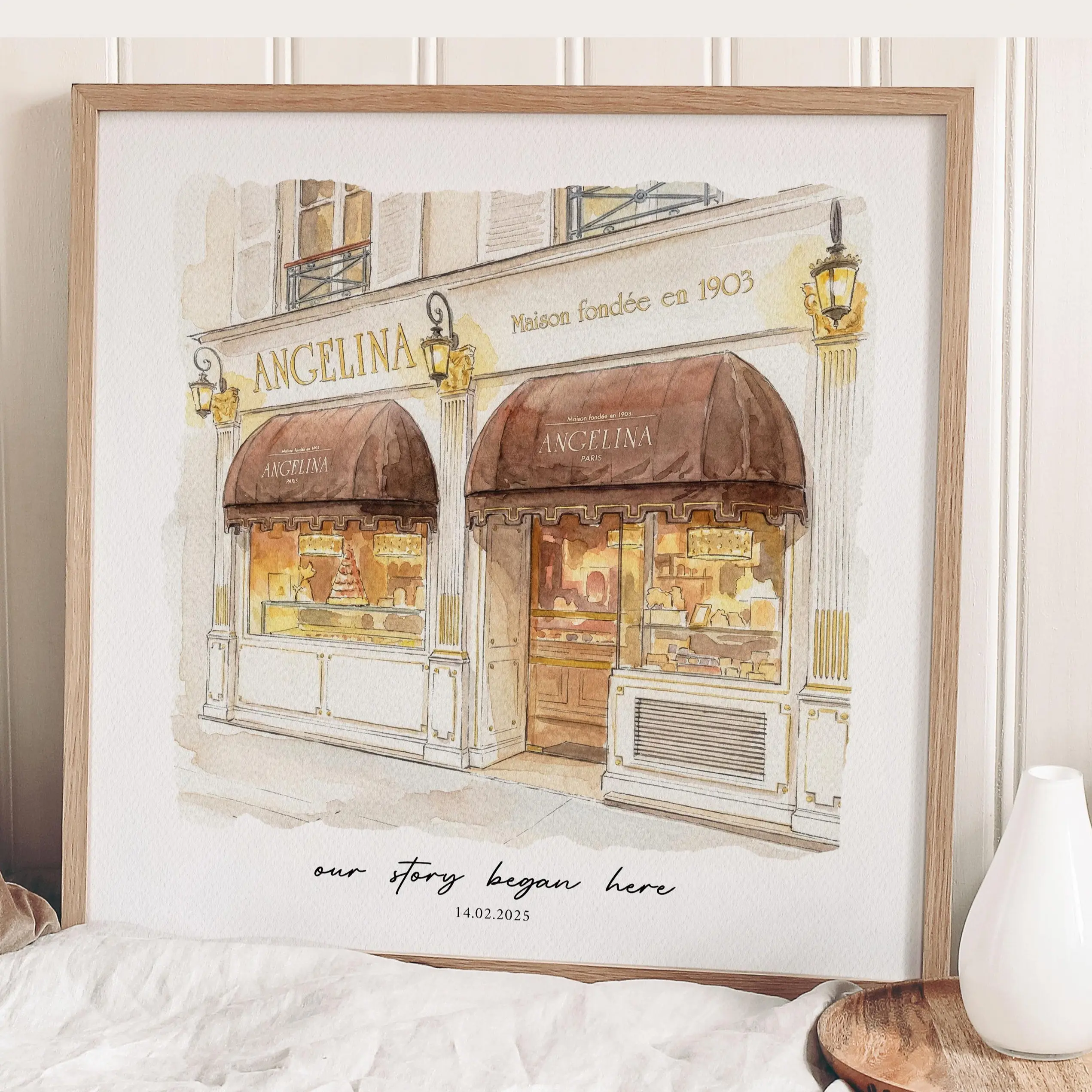 Custom Watercolor First Date Venue Portrait Poster - Artistic Home Wall Decoration Print, Personalized Anniversary Keepsake, Valentine's Day Gift for Partner