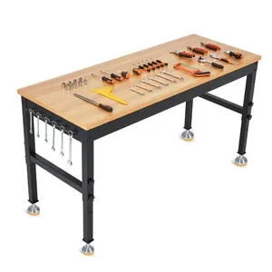 48/60/72-Inch Adjustable Height Workbench, Heavy-Duty Work Table with Built-in Power Outlets, 2500 lbs Load Capacity, Solid Wood Top for Garage, Workshop, Repair Shop, and Home Office