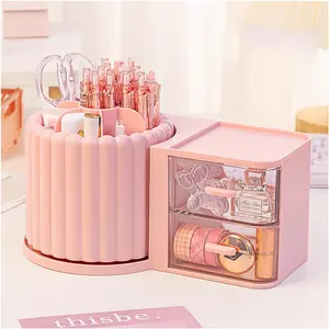 Makeup Organizer Countertop,360 Rotating Makeup Brush Holder With 2 Drawers,Small Preppy Organizer Pink