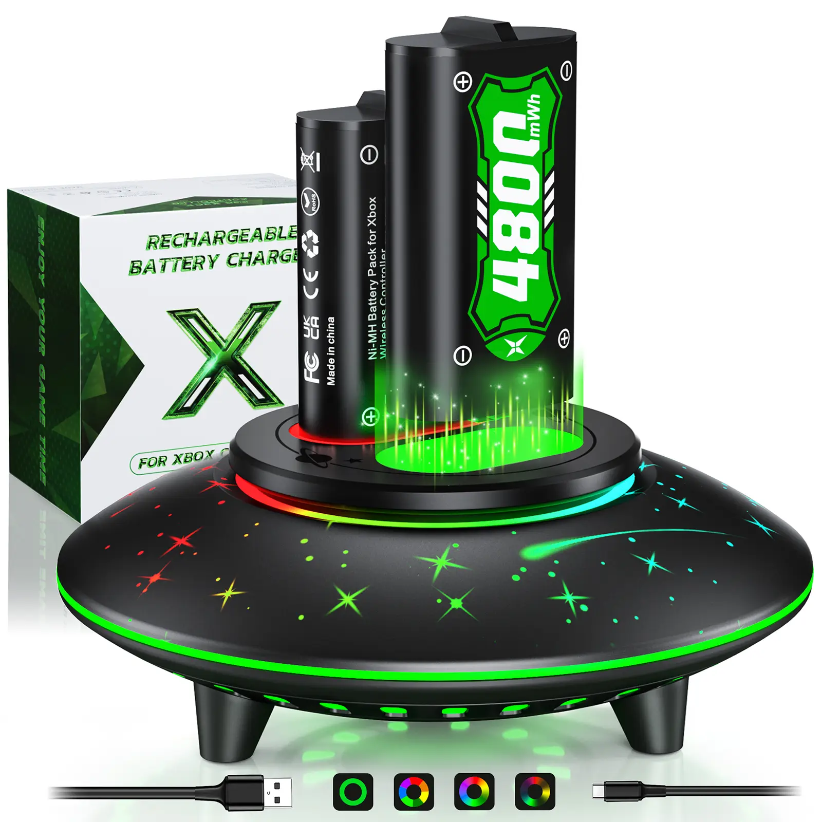 Ponkor Galaxy Xbox Controller Rechargeable Battery Packs (4×4800mWh) with Fast Charging Dock, Compatible with Xbox One, Series X|S, High-Capacity, Lon