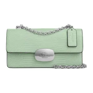 COACH Eliza 22 Small Leather Crossbody Bag with Flip Top, Chain Strap, and Lizard Embossing in Silver and Light Green for Women
