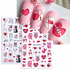 Valentine's Day Nail Art Stickers, Cute Cartoon Bear Heart Balloon Lock Love Letter Lip Print DIY Nail Decals, Suitable for Women and Girls