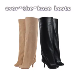 Women's Over-the-knee Boots Nude and black Wide Calf Stiletto Long Boots Pull On High Heel Riding Boots Fahion Dress Spring Tall Boots