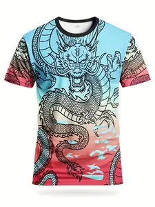 Dragon Pattern Gradient Soccer Jersey & Men'S Crew Neck Soccer Shirt & Knitted Breathable Fabric & Suitable for Match, Training, And Casual Wear, Plus Size