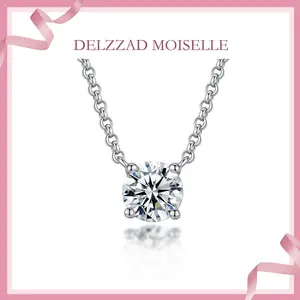 Delzzad S925 1ct Synthetic Moissanite Classic Round Four Prong Pendant Necklace Birthday Anniversary Mother's Day Gifts for Men Women