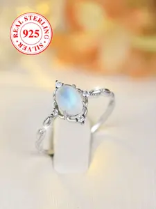 S925 Sterling Silver Geometric Oval Ring, Imitation Moonstone Infinity Band, Proposal Wedding Anniversary Gift with Box