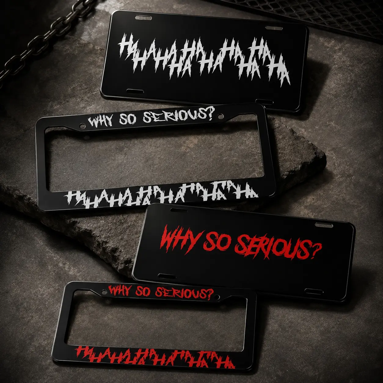 Why So Serious License Plate & Frame, Dark Gothic Car Accessory, Black Aluminum Auto Decor, Horror Style Vehicle Plate