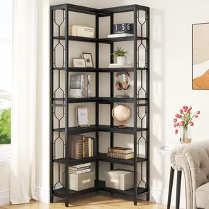 LustreC Corner Shelf, 7-Tier Industrial Corner Bookshelf, Wood and Metal Corner Etagere Bookcase, Freestanding Display Shelf for Living Room, Kitchen, Home Office, Black