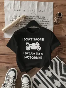 Motorcycle Print T-Shirt, Casual Loose Fit, Breathable Cotton Fabric, Fun Motorcycle High Street Style, Unisex Couple Wear