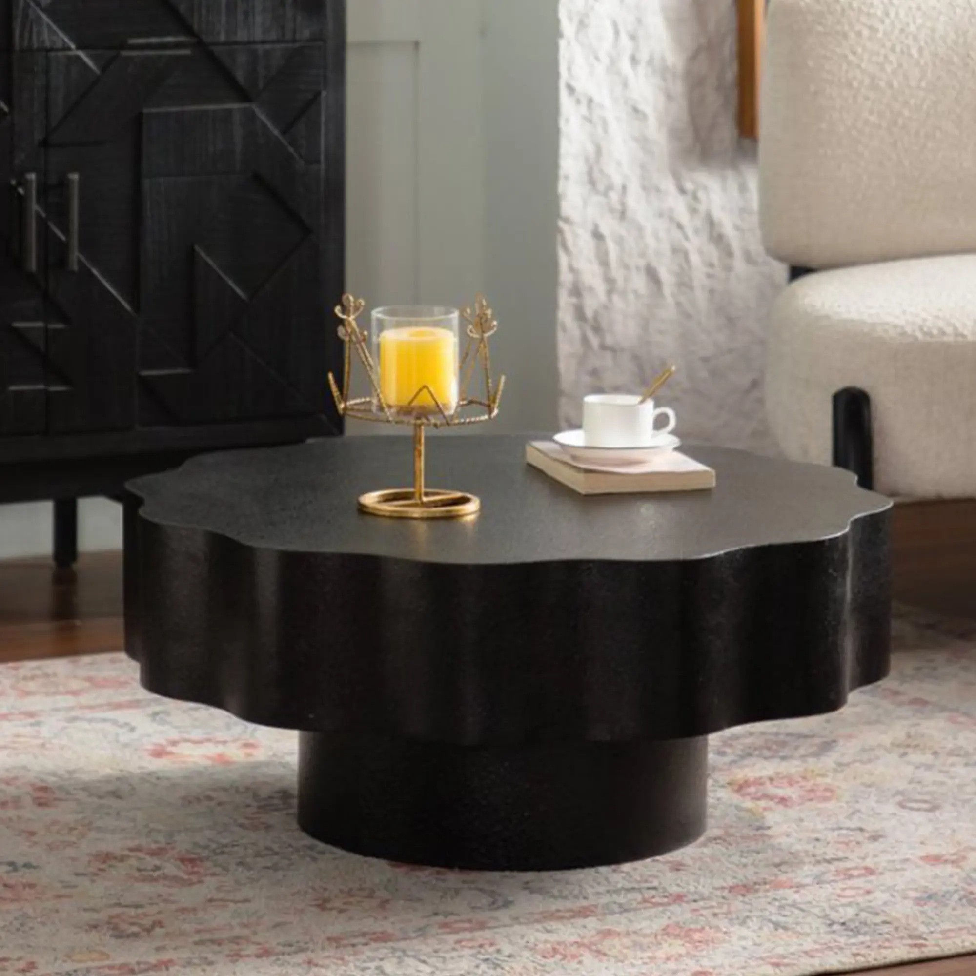 Scalloped Black Coffee Table with Unique Wave-Edge Shape, Elegant Focal Piece for Living Room, Modern Center Table for Stylish Spaces, Durable Wood Finish, Compact Size, Perfect for Home Decor Accent Furniture, Living Room Table for Sofa Side