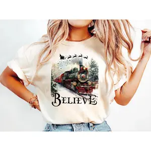 Believe Train Christmas Shirt, Polar Express Inspired Tee, Holiday Train T-Shirt, Christmas Spirit Graphic Tee, Festive Red Xmas