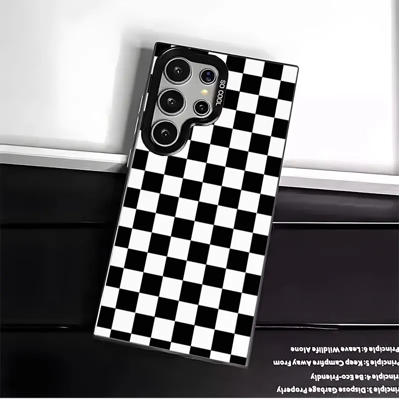 Checkerboard Pattern Phone Case for SAMSUNG GALAXY S22 S23 S24 FE ULTRA PLUS Hard TPU PET PC Black White Stylish Gift Ideas Anti-drop Cellphone Protective Case Shockproof Protector Mobile Phone Cover, Phone Accessories, Smartphone