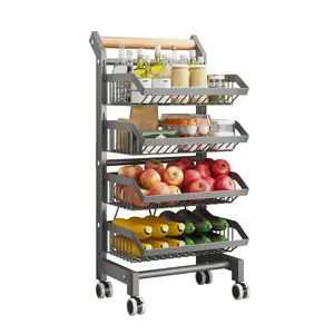 Vegetable Storage Rack, 4 Tier Heavy Duty Kitchen Trolley on Wheels with Wood Handle, Steel Fruit Basket Stand & Organiser for Onion, Potato, Pantry, Bathroom & Laundry