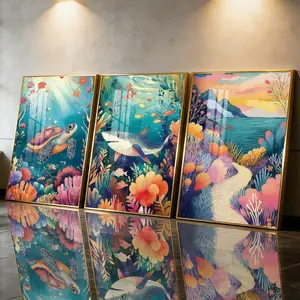 3 Count Aluminum Alloy Frame Canvas， Fashion Poster， Underwater Sea Turtle Shark Coral Reef Landscape， Modern Living Room Decoration， Light Luxury Family Art， Suitable For Bedroom， Corridor And Office Wall Decor， Gift