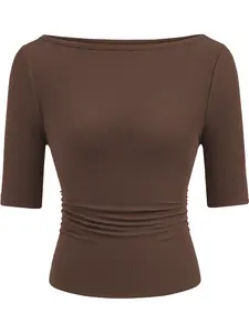 Women's Summer Short Sleeve Knit Sweater, Boat Neck Ribbed Texture T-Shirt, Tight Fit Lightweight Casual Basic Top, 2026 Summer Clothing, Knitwear, Womenswear, Lady