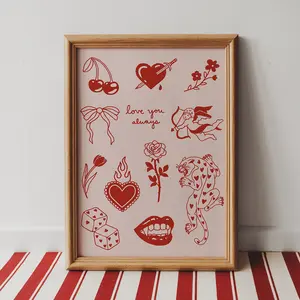 Steph Marie Art Handmade Romantic Tattoo Art Print with cupid, heart, tattoo art, roses, valentines, coquette, cherries, wall art, gifts for her, bows, aesthetic