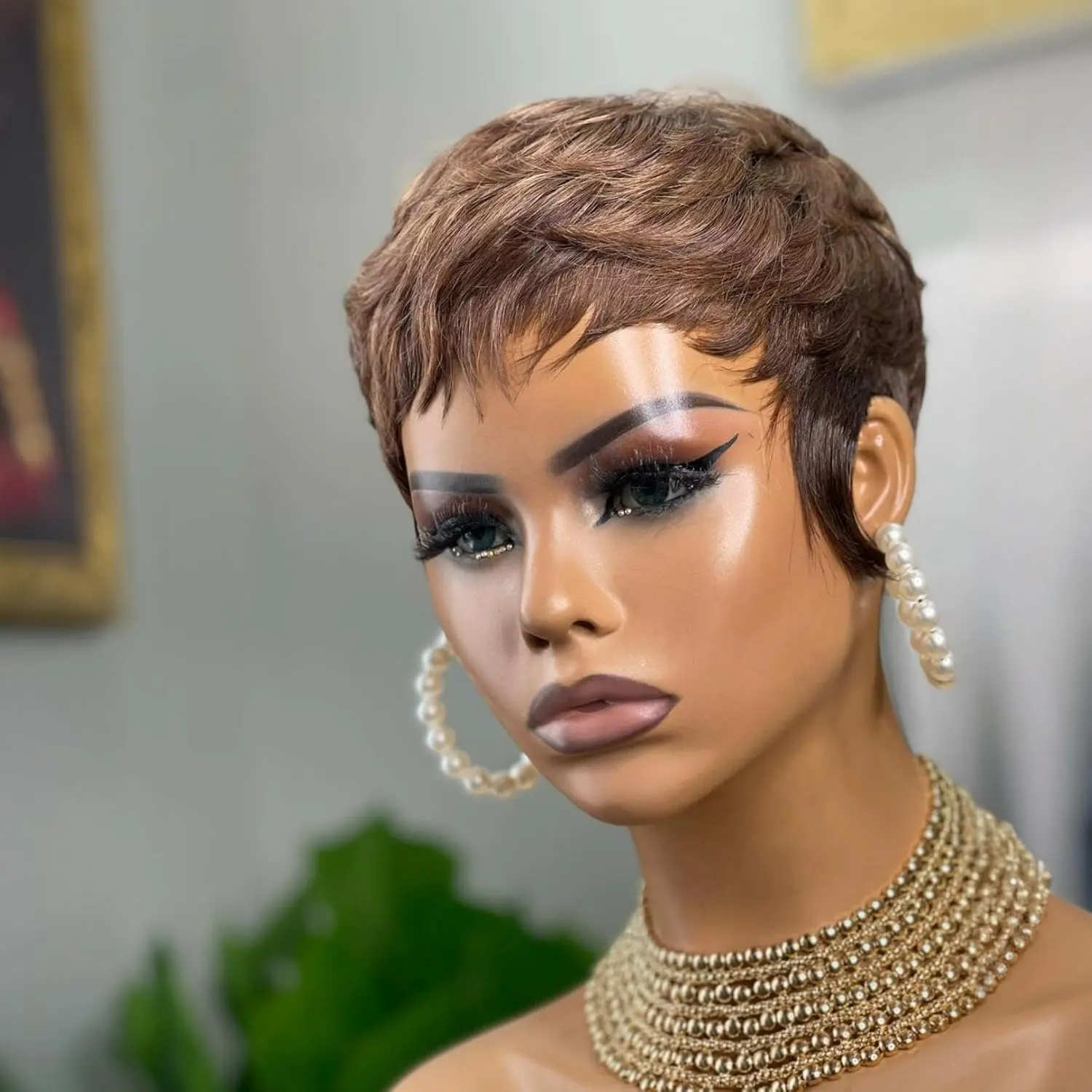 Short Wigs for Women Pixie Cut Human Hair Wigs Short Layered Pixie Wig with Bangs Glueless Full Machine Made Chocolate Brown 4# Color for Daily Use Easy to Wear and Go Wig (Brown) No Brand