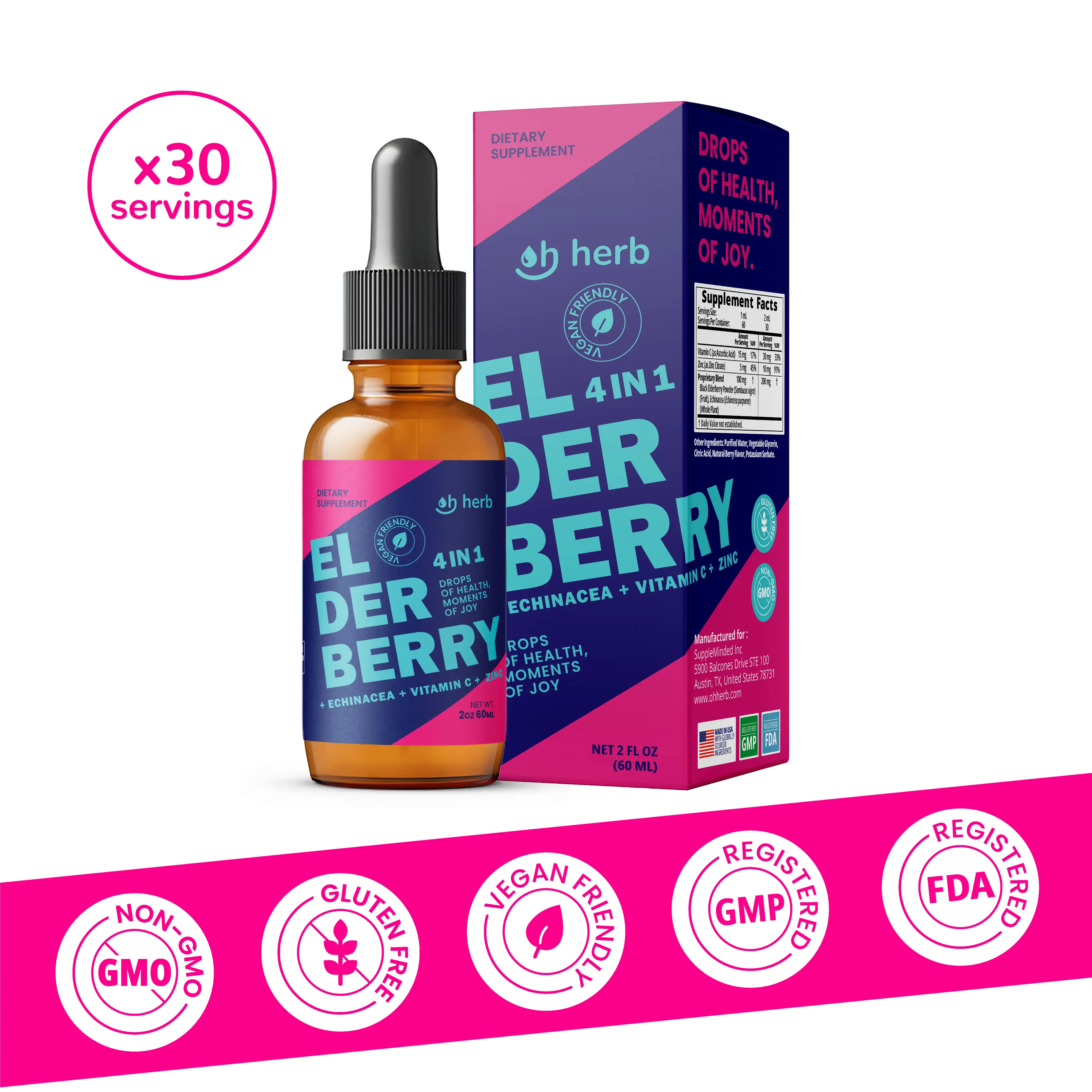Oh Herb Vegan 4-in-1 Liquid Drops Dietary Supplement - Morning Lymphatic Drainage, De-Puff, Immune Support, Fast-Absorbing Echinacea, Vitamin C, Zinc, Black Elderberry Blended Vitamins & Minerals (2 FL OZ/60 ML)