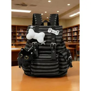 Punk Style Cat Paw Print Bone Star Colorblock Striped Multi-Pocket Backpack, Fashion Casual Unisex Large Capacity Bag for Commuting School Trendy Backpack