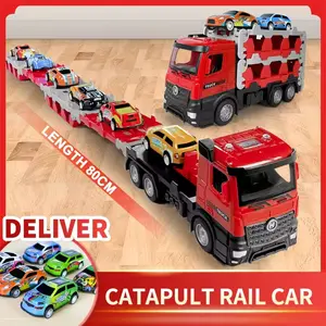 Transport Truck Toy Set, Dual Race Tracks & Launch Cars, Includes 12 Metal Cars, Foldable Storage Truck, Perfect Christmas Gift, Children Semi Truck