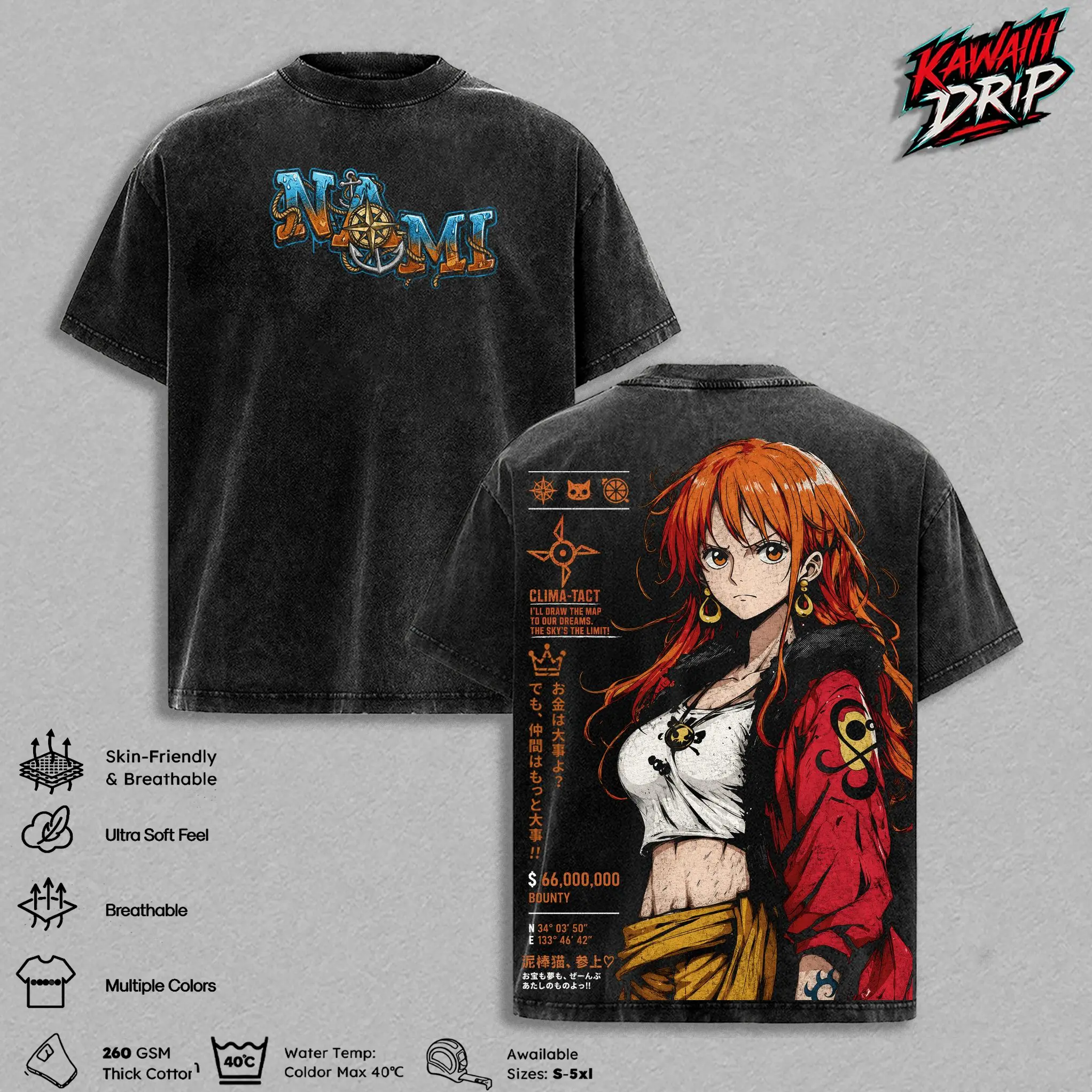 Nami One Pieceee Vintage Washed Graphic T Shirt, Anime Tee Manga Oversized Heavyweight 260 GSM Cotton Shirt, Japanese Streetwear Casual Wear, Soft Breathable Graphic Tee, Gift for One Pieceee Fans Men Women Apparel Classic