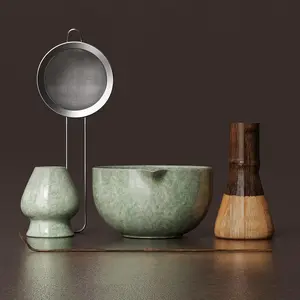 Matcha Whisk Set, Matcha  Kit with   Whisk & Scoop, Ceramic Matcha Bowl and Whisk Holder, Strainer - -Ready for Beginners, 5 count