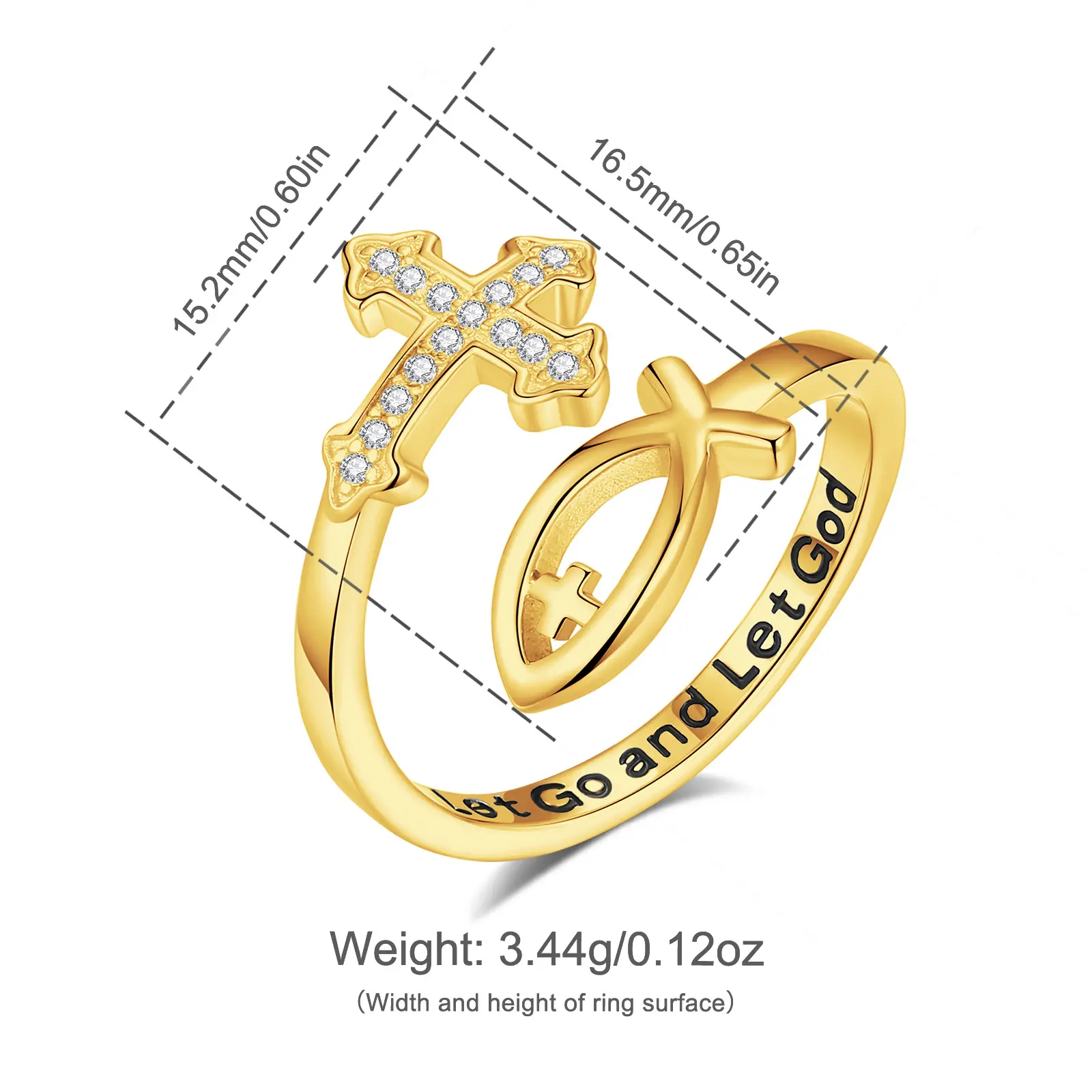 Gold Jesus Cross Fish Ring With CZ